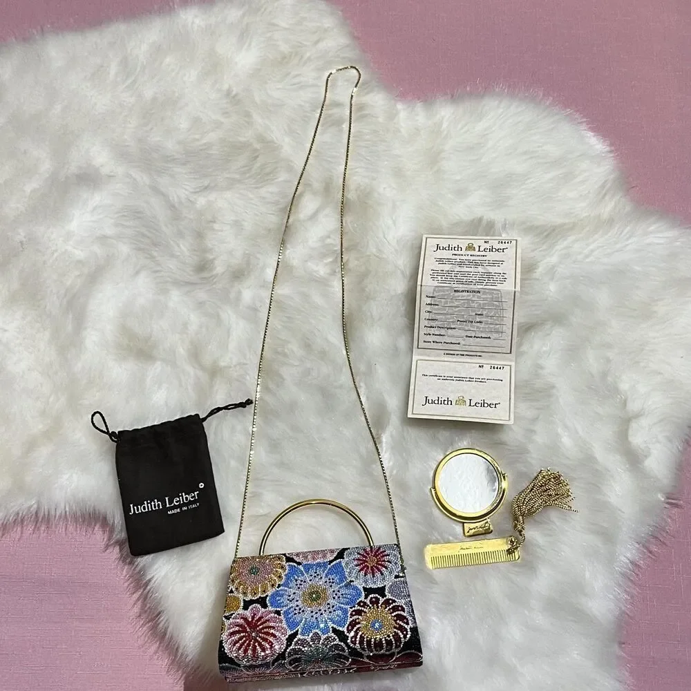 Vintage Judith Leiber Bag Womens Floral Crystal Minaudiere Italy Evening